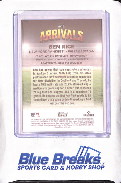 2025 Topps Finest - Ben Rice - New Arrivals - RC - Purple - 6/125 - New York Yankees - Baseball - #A-18