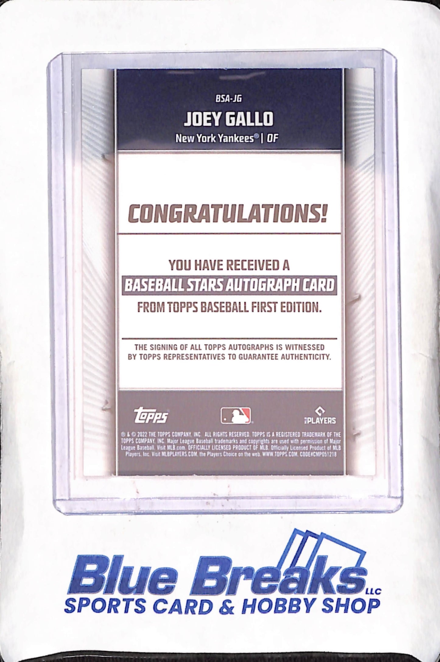 2022 Topps - Joey Gallo - Autograph - 144/150 - 1st Edition - Baseball Stars - New York Yankees - Baseball - #BSA-JG
