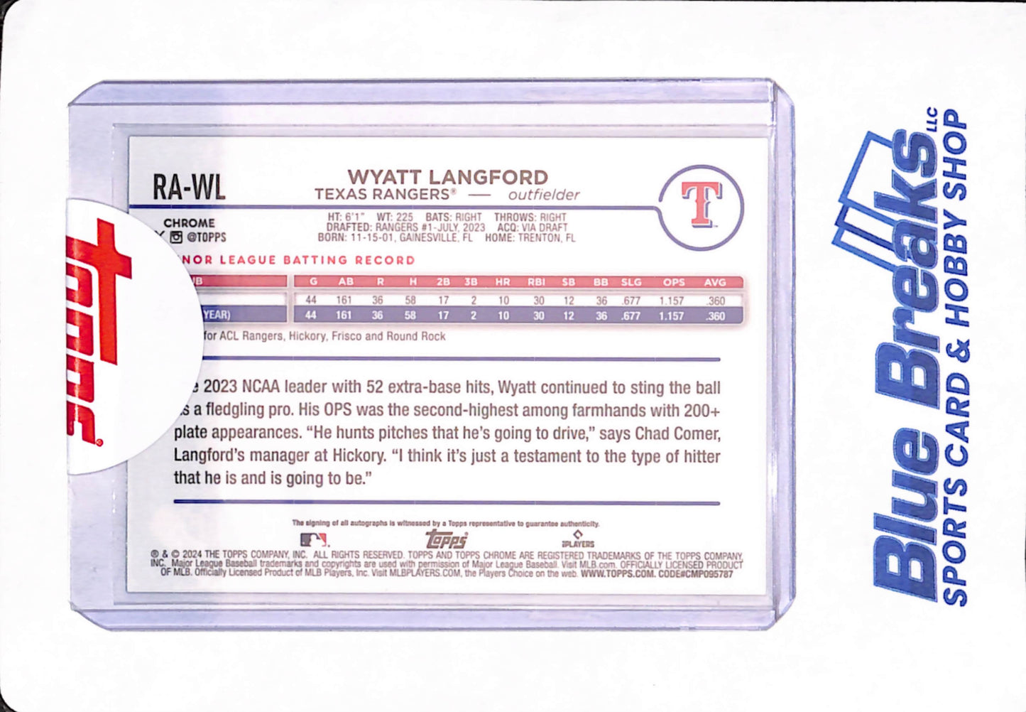 Wyatt Langford - 2024 Topps Chrome - Baseball - Texas Rangers - Green - 04/85 - # RA-WL