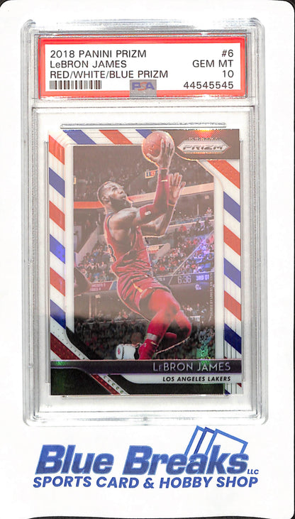 2018 Panini Prizm - LeBron James - Basketball - Los Angeles Lakers - #6 - Red / White / Blue - PSA 10