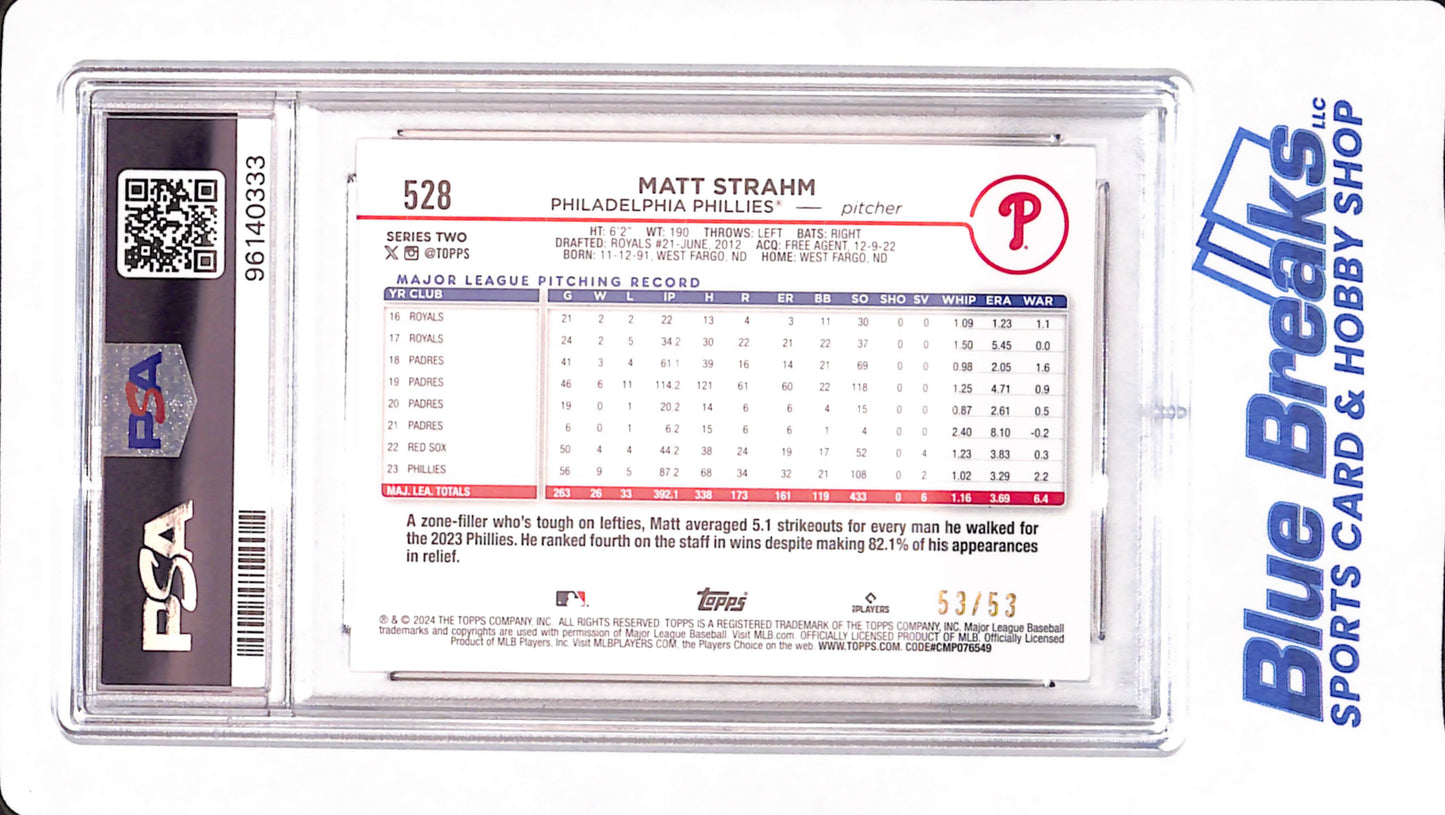 2024 Topps - Matt Strahm - Baseball - Philadelphia Phillies - Kevin Hart - Variation - 53/53 - # 528 - PSA 8