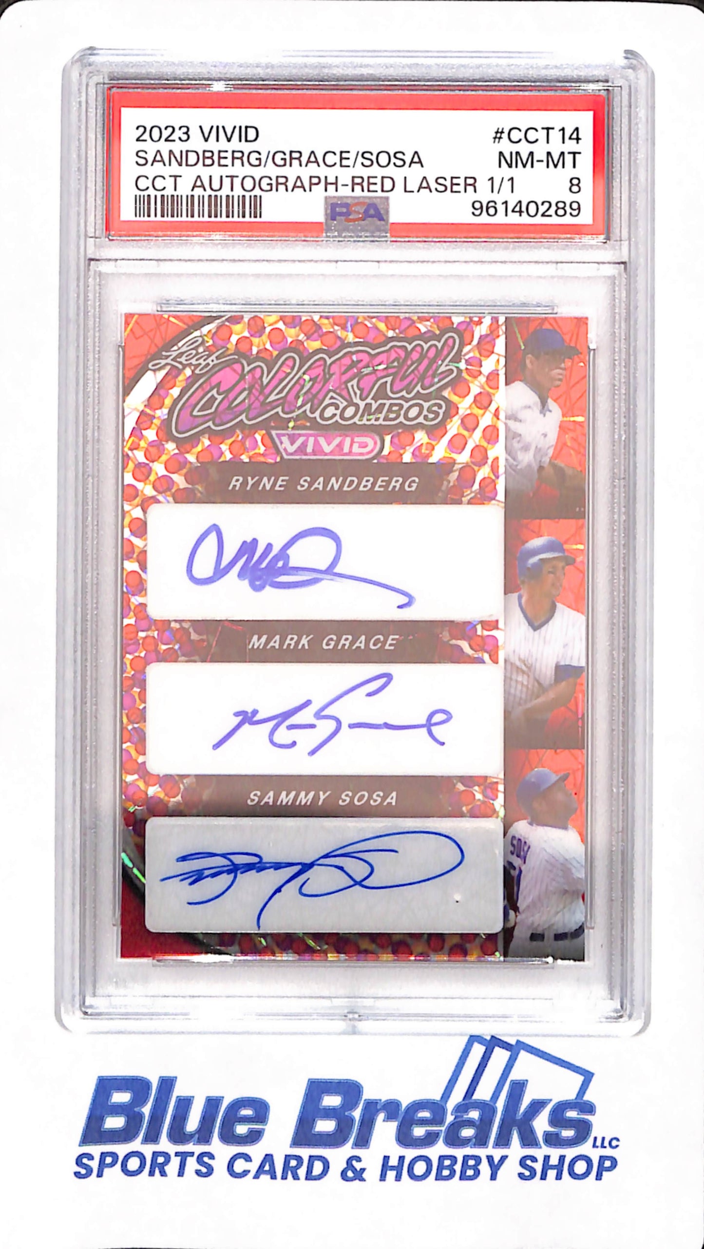 2023 Leaf Vivid - Ryne Sandberg - Mark Grace - Sammy Sosa - Baseball - Chicago Cubs - # CCT14 - Red Laser - Autographed - PSA 8