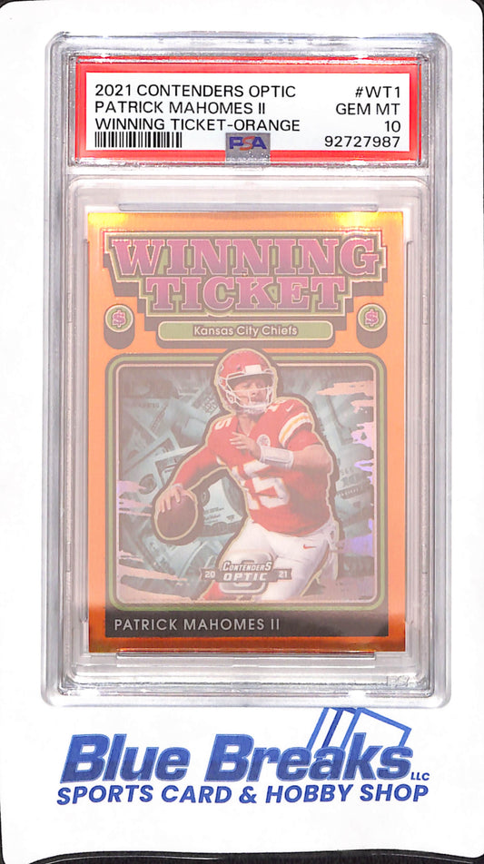 2021 Contenders Optic - Patrick Mahomes II - Football - Kansas City Chiefs - # WT1 - Winning Ticket - Orange - 19/50 - PSA 10