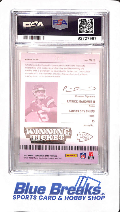 2021 Contenders Optic - Patrick Mahomes II - Football - Kansas City Chiefs - # WT1 - Winning Ticket - Orange - 19/50 - PSA 10