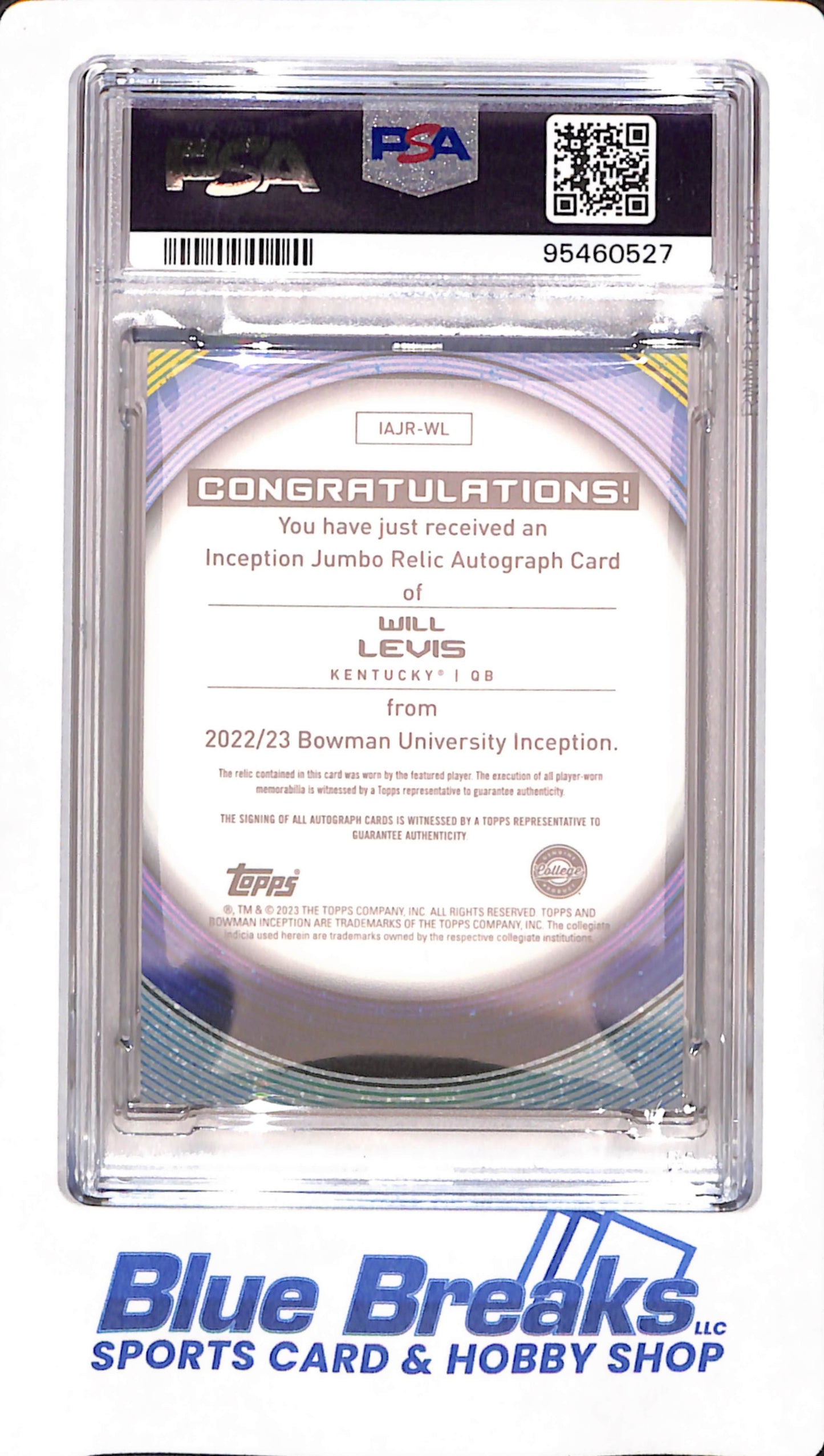 2022 Bowman U Inception - Will Levis - Jumbo Relic - Football - Tennessee Titans -Autograph - 38/50 - PSA 10