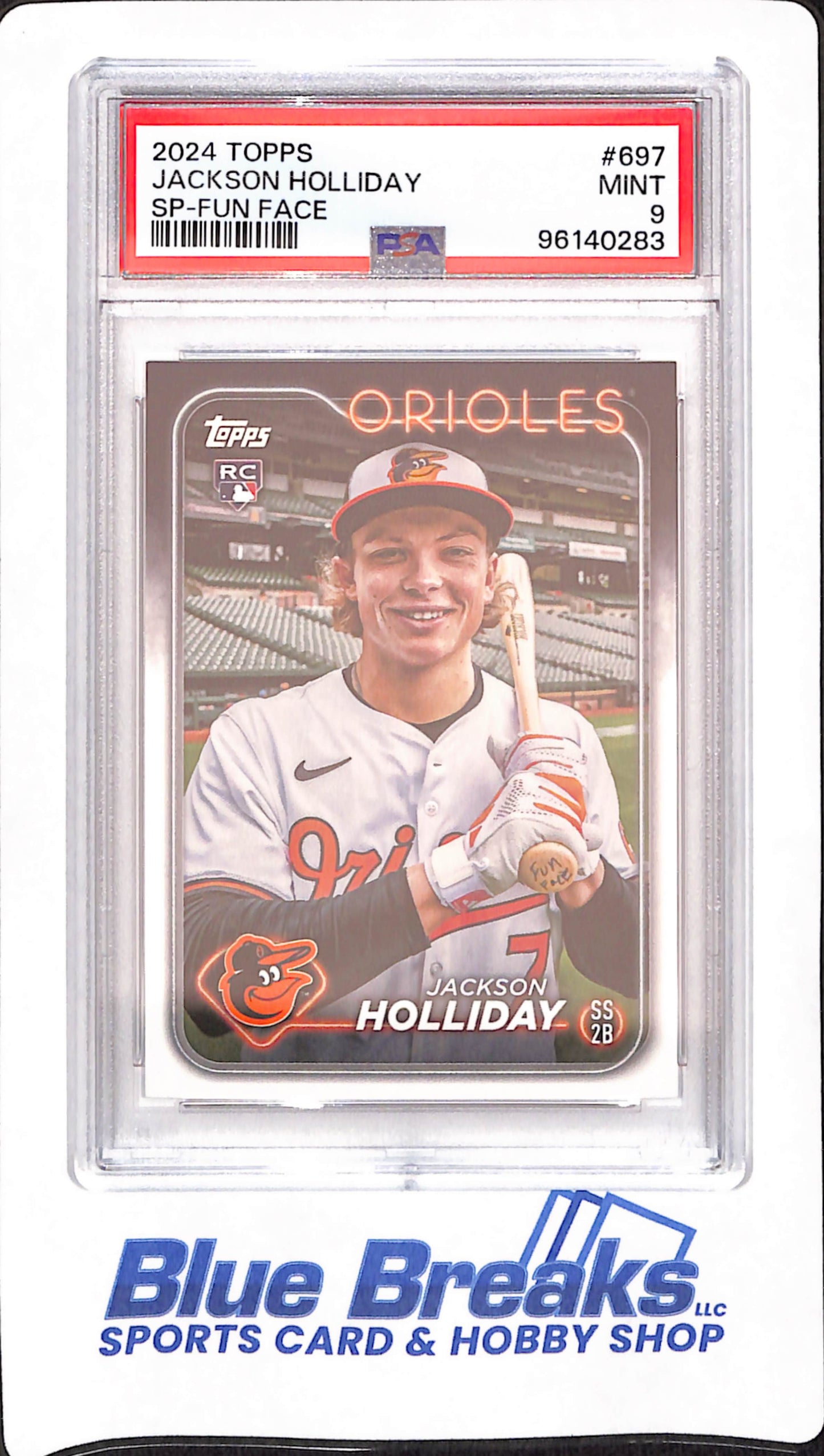 2024 Topps - Jackson Holliday - Baseball - Baltimore Orioles - # 697 - SP - Fun Face - Rookie - PSA 9