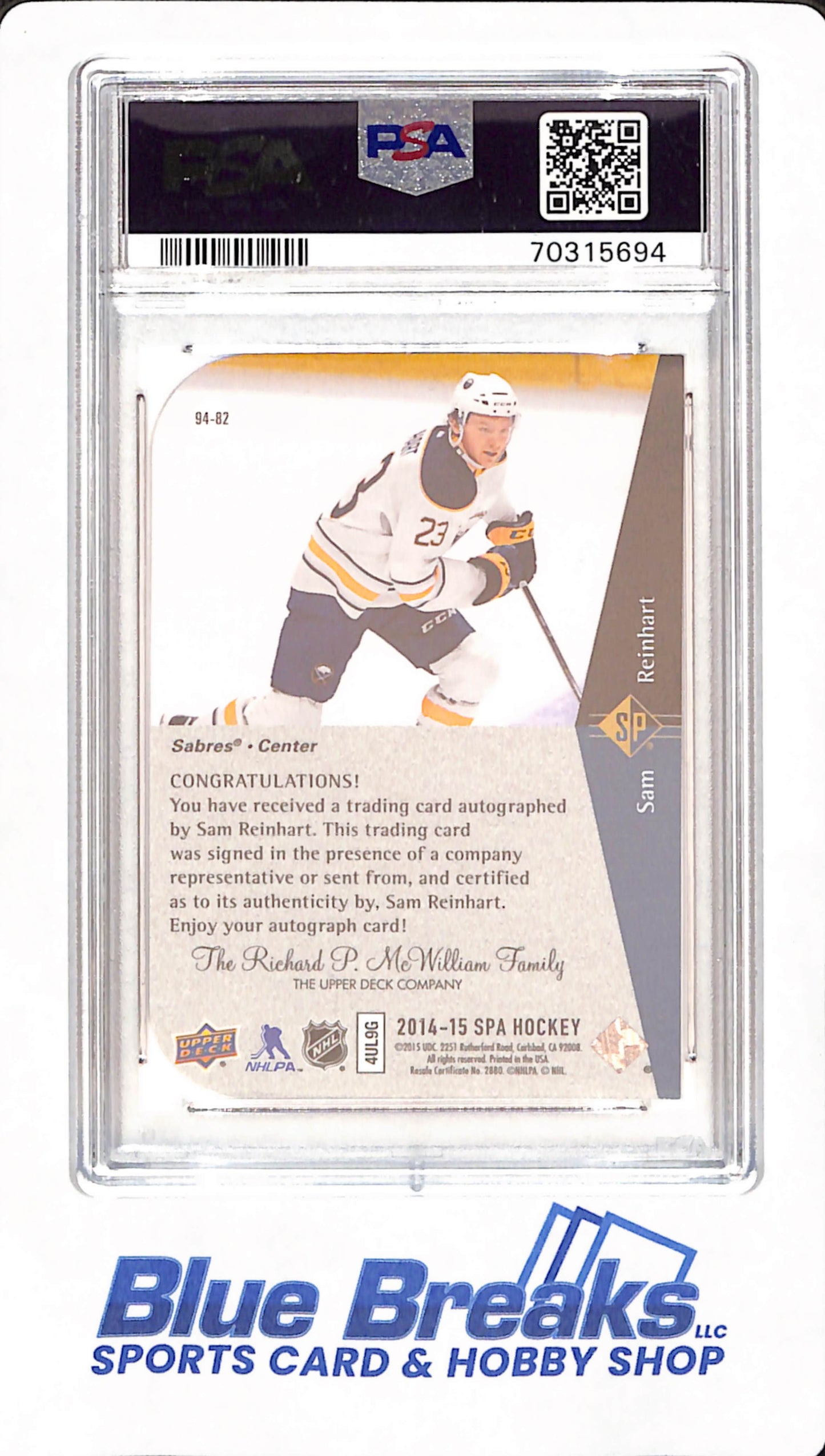 2014 SP Authentic - Sam Reinhart - Ice Hockey - Buffalo Sabres - # 94-82 - SP Retro - Auto - PSA 9