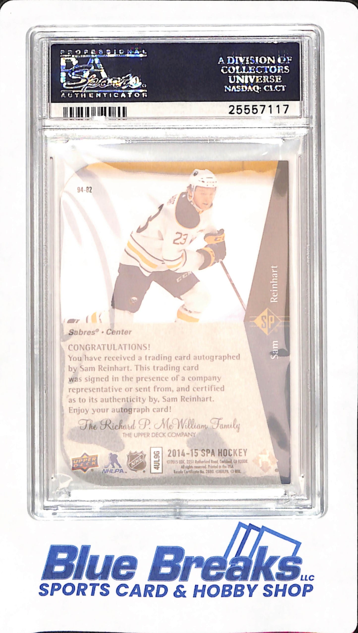 2014 SP Authentic - Sam Reinhart - Ice Hockey - Buffalo Sabres - # 94-82 - SP Retro - Autographed - PSA 9