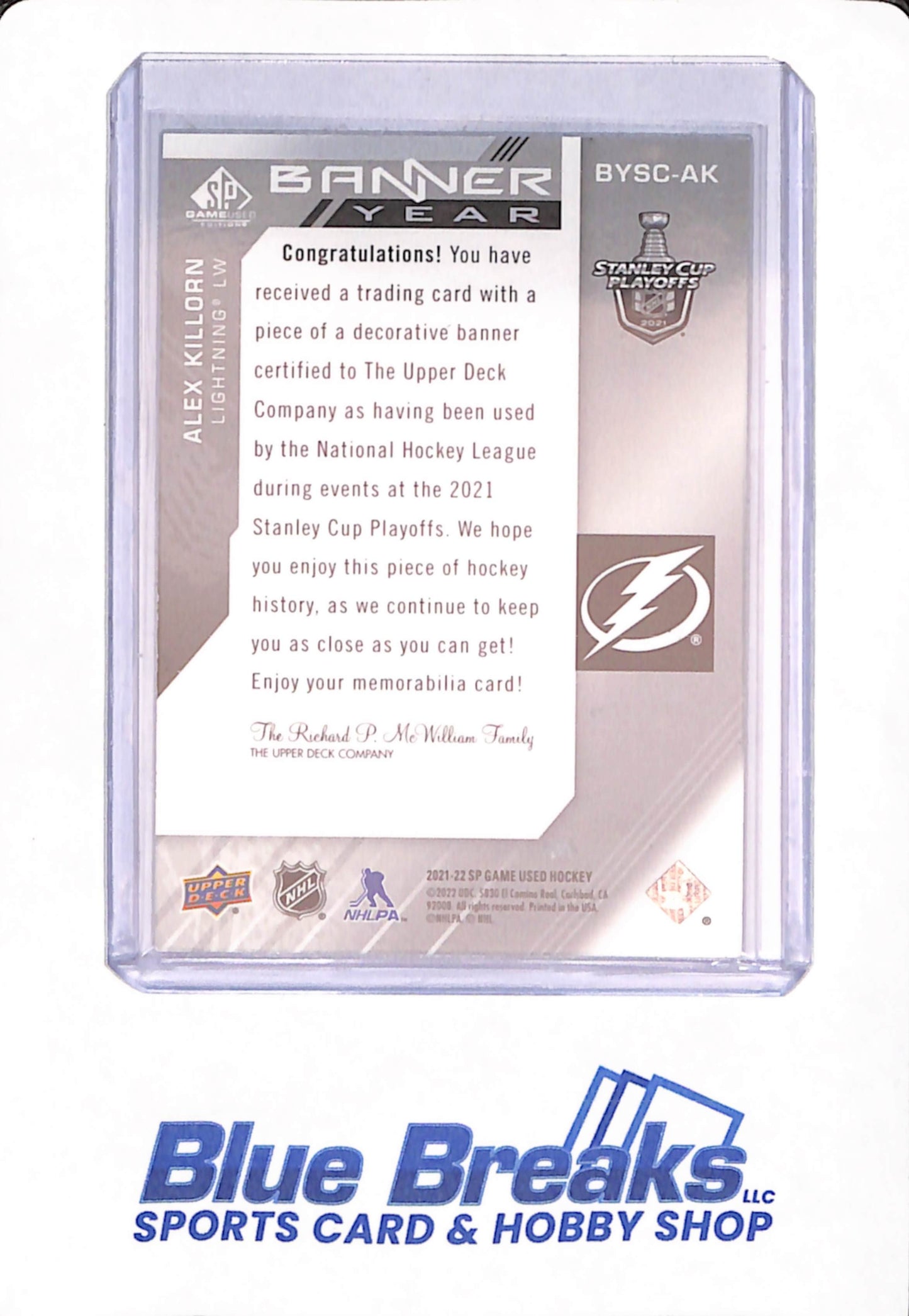 2021-22 SP Game Used - Alex Killorn - Banner Year - Ice Hockey - Tampa Bay Lightning - Relic - # BYSC-AK