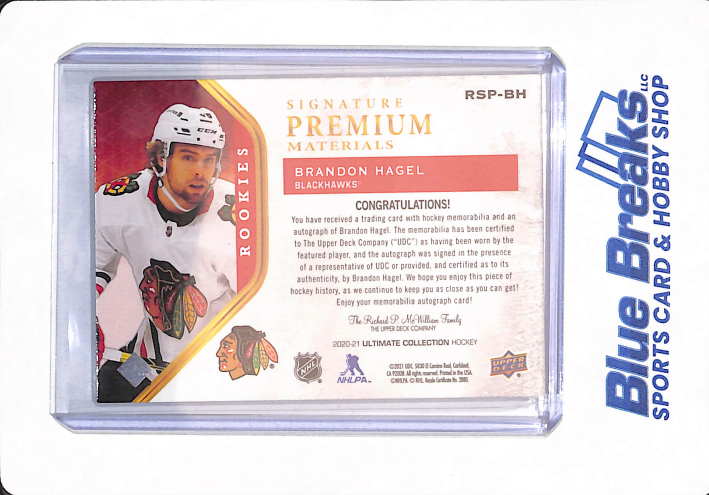 2020-21 Upper Deck Ultimate Collection - Brandon Hagel - Ice Hockey - Chicago Blackhawks - Signature Premium Materials - # RSP-BH - 25/65