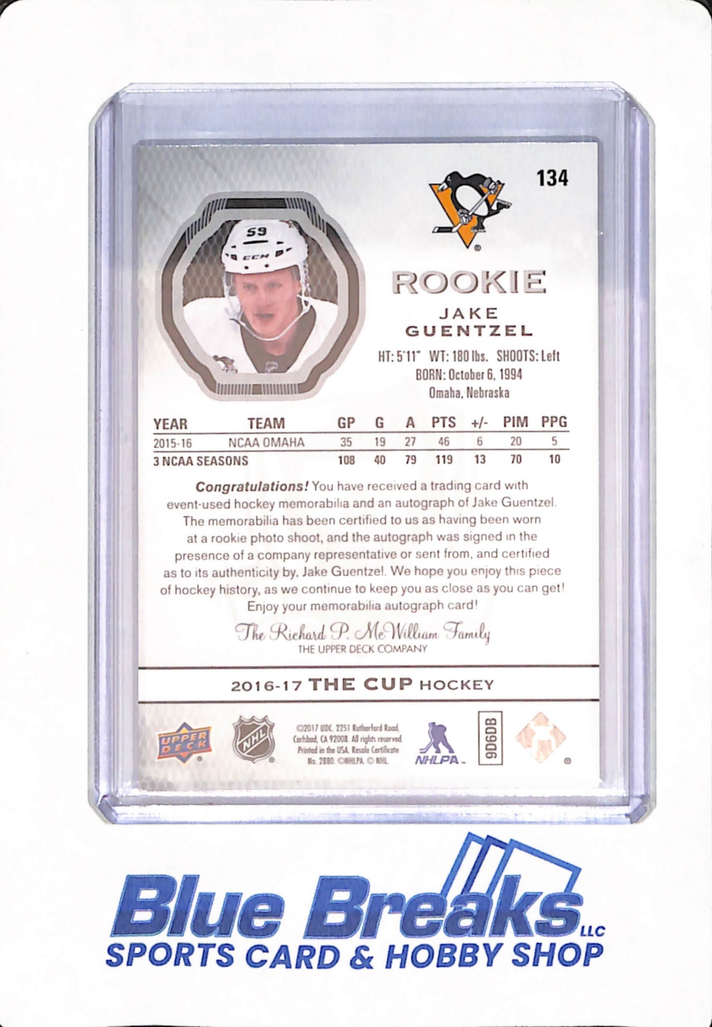 2016-17 Upper Deck - The Cup - Jake Guentzel - Ice Hockey - Pittsburgh Penguins -  # 134 - Rookie - 177/249 - Relic - Autographed