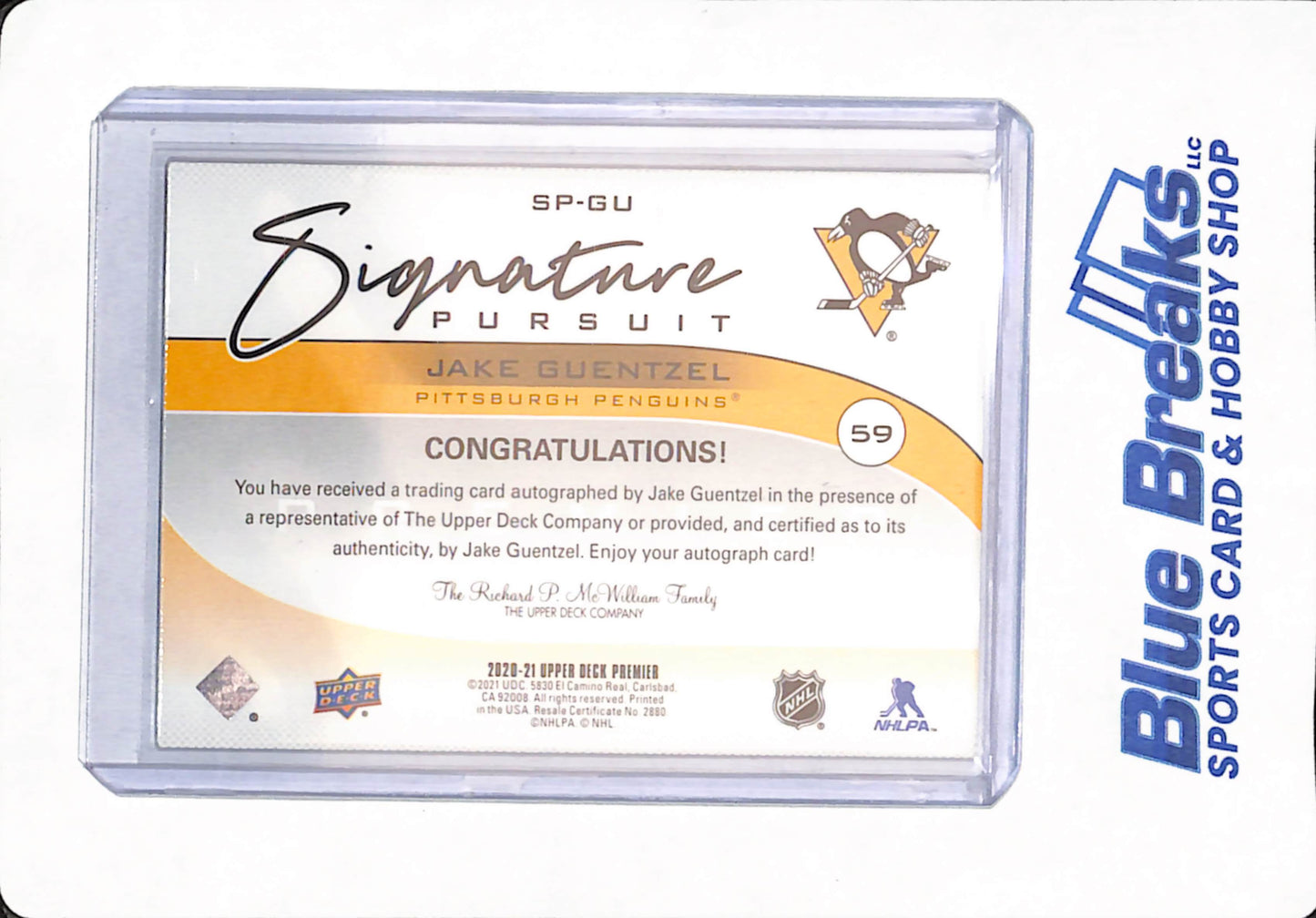 2020-21 Upper Deck Premier - Jake Guentzel - Ice Hockey - Pittsburgh Penguins - Signature Pursuit - # SP-GU - Autographed - 06/35