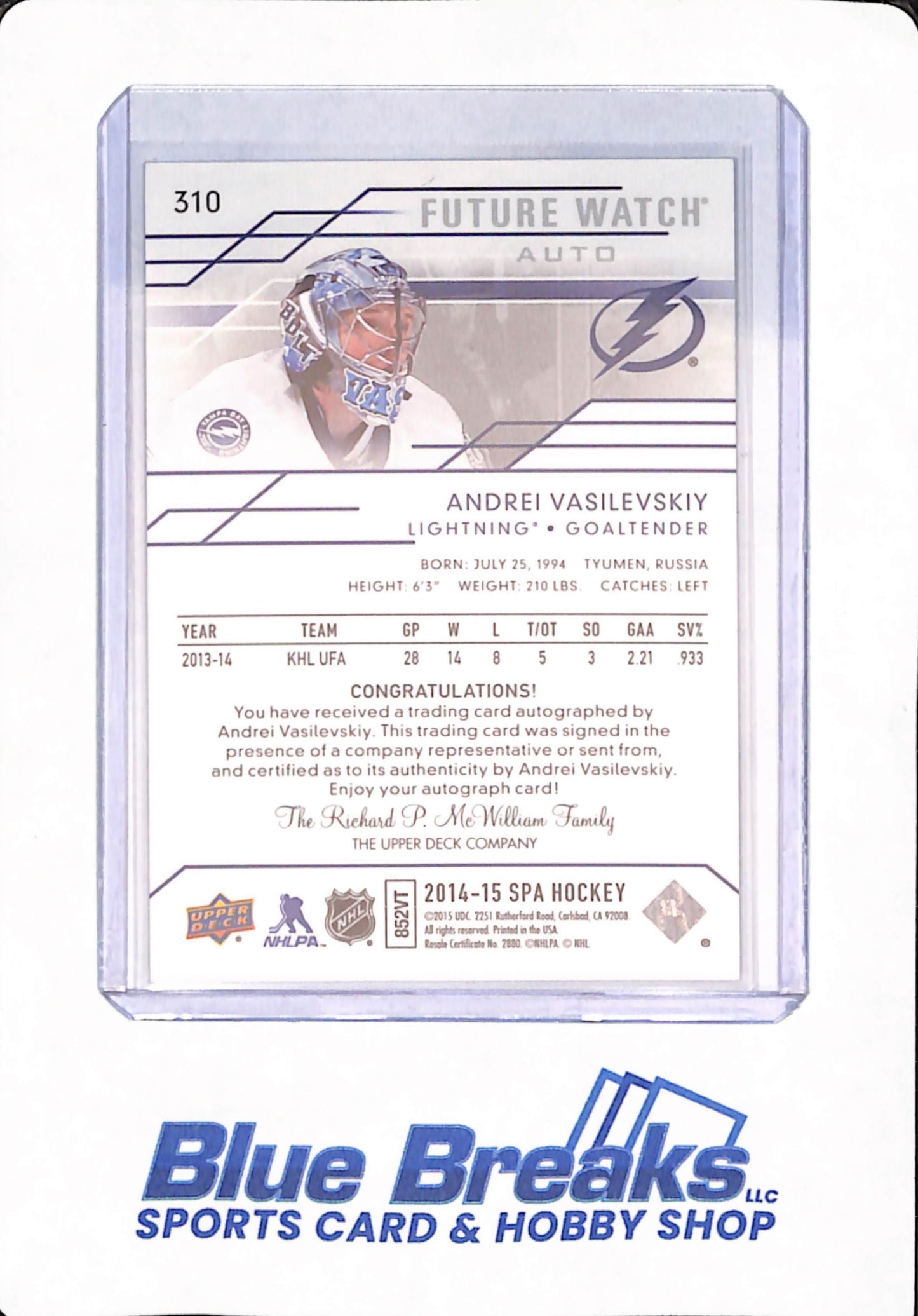 2014-15 Upper Deck SPA - Andrei Vasilevskiy - Future Watch - Ice Hockey - Tampa Bay Lightning - # 310 - Autographed - 444/999