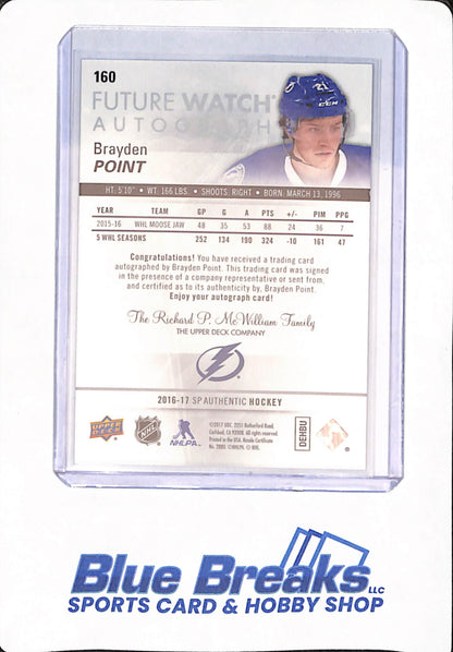 2016-17 Upper Deck SP Authentic - Brayden Point - Ice Hockey - Tampa Bay Lightning - # 160 - Future Watch Autograph - 538/999