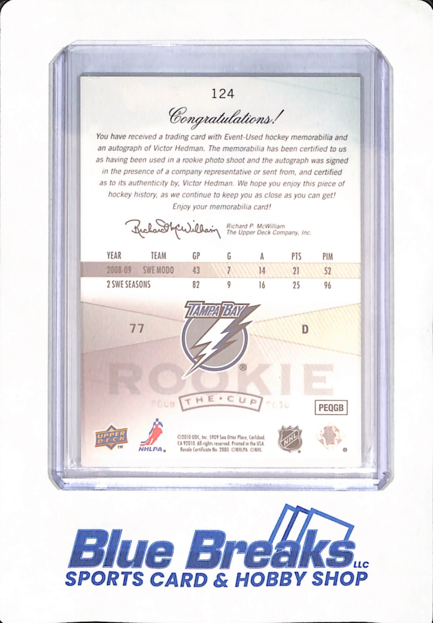 2009-10 Upper Deck - The Cup - Victor Hedman - Ice Hockey - Tampa Bay Lightning - # 124 - Relic - Autographed - Rookie - 46/77