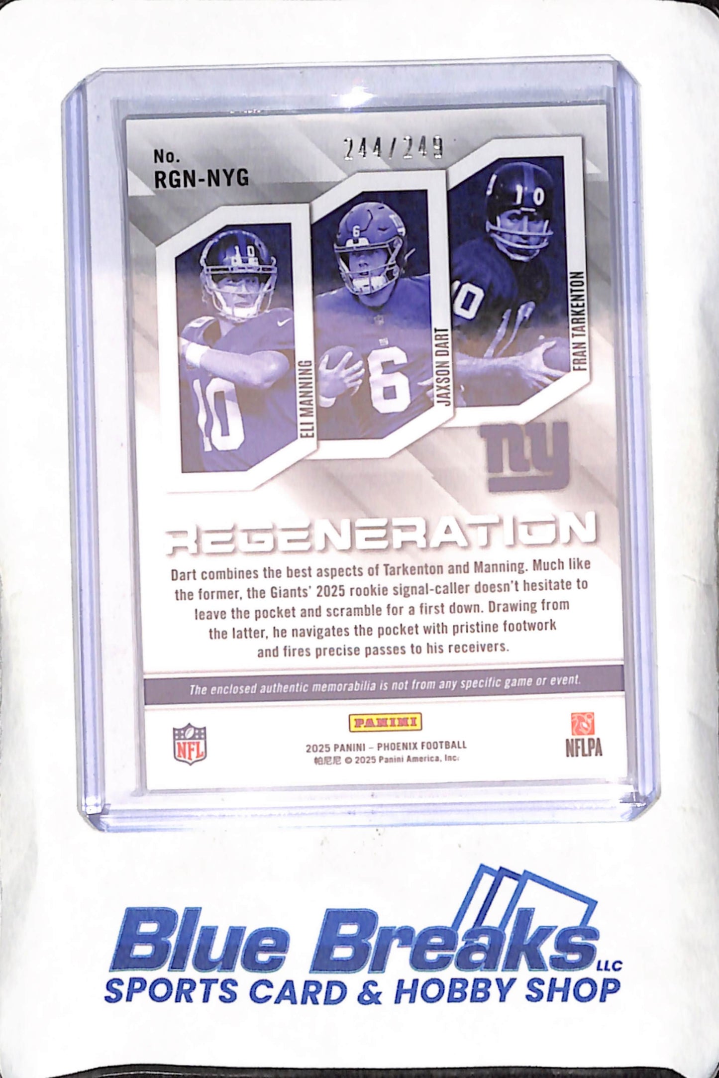 2025 Panini Phoenix - Eli Manning - Jaxson Dart - Fran Tarkenton - Triple Relic - Red - 244/249 - New York Giants - Football - #RGN-NYG