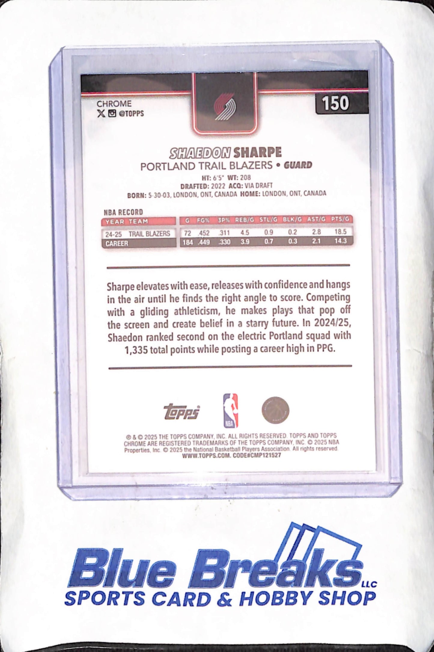 2025 Topps Chrome - Shaedon Sharpe - Raywave - 103/199 - Portland Trail Blazers - Basketball - #150