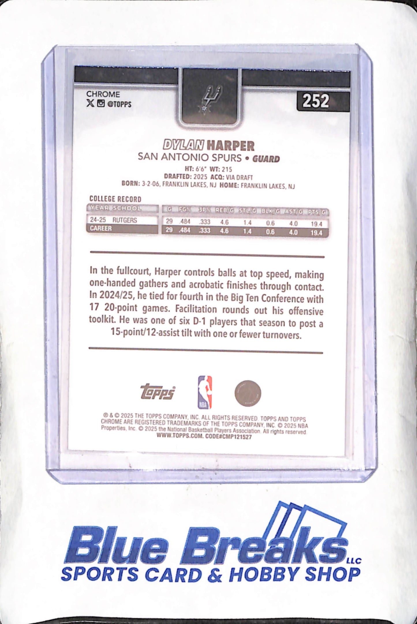 2025 Topps Chrome - Dylan Harper - Raywave - RC - San Antonio Spurs - Basketball - #252