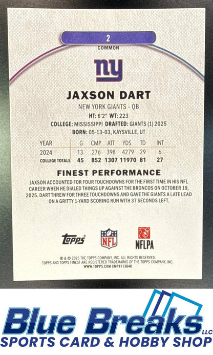 2025 Topps Finest Jaxson Dart #2 Purple Geometric Refractor 038/150 RC New York Giants