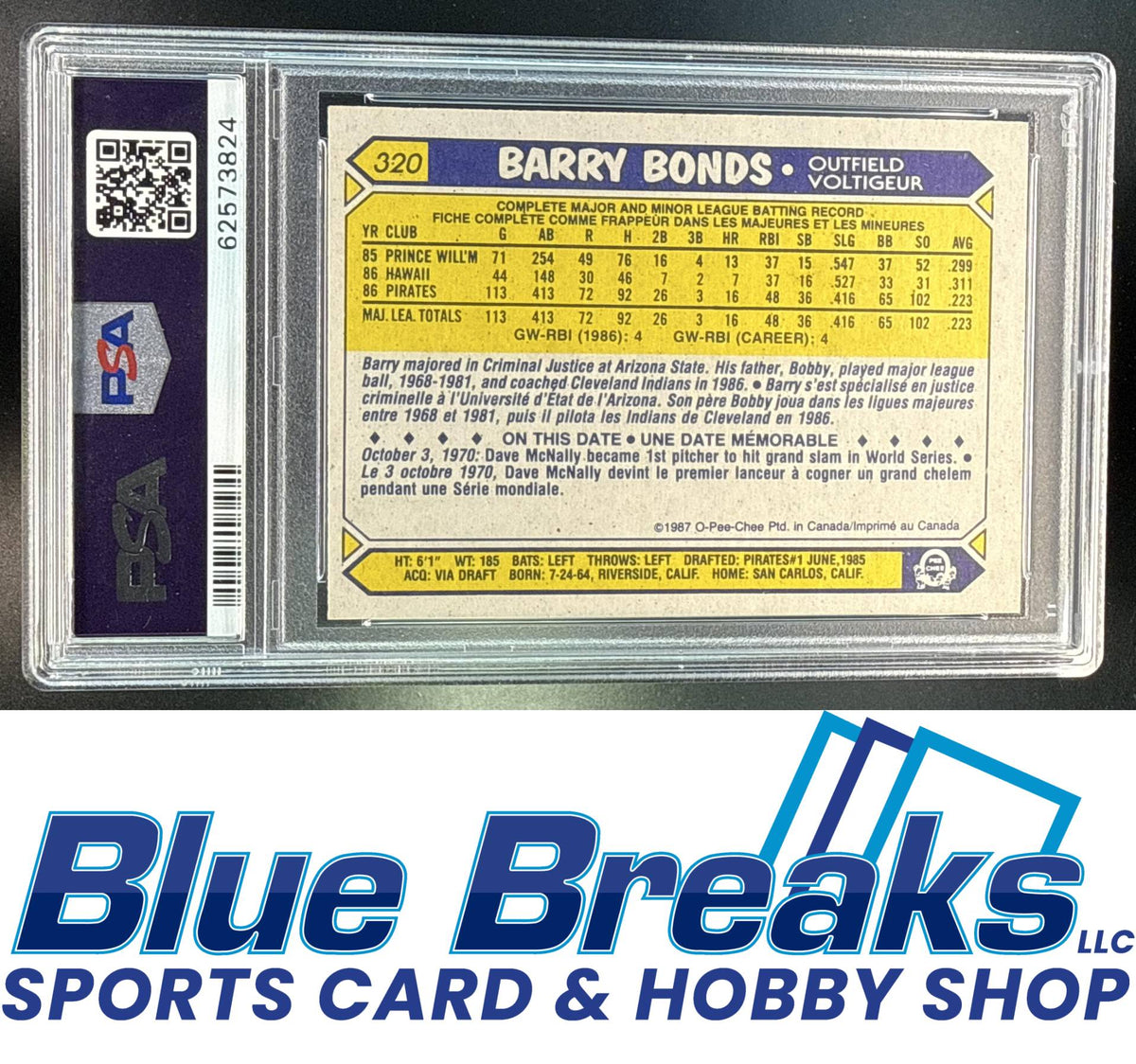 1987 O-Pee-Chee Barry Bonds #320 RC PSA 7 Pittsburgh Pirates