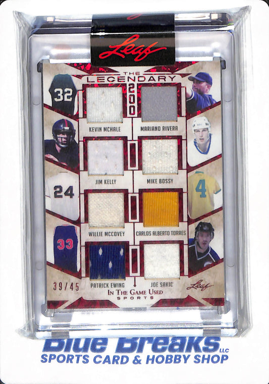 2022 Leaf in the Game Used Sports  - The Legendary 200 - Kevin McHale, Mariano Rivera, Jim Kelly, Mike Bossy, Willie McCovey, Carlos Torres, Patrick Ewing, Joe Sakic - Baseball - Basketball - Football - Hockey - Soccer - Relic - 39/45