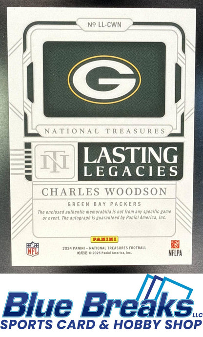 2024 Panini National Treasures Charles Woodson #LL-CWN Lasting Legacies Auto Relic Prime Platinum 1/1 Green Bay Packers