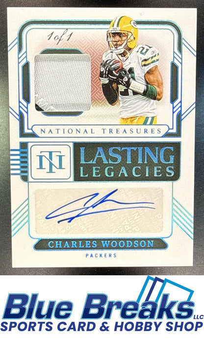 2024 Panini National Treasures Charles Woodson #LL-CWN Lasting Legacies Auto Relic Prime Platinum 1/1 Green Bay Packers