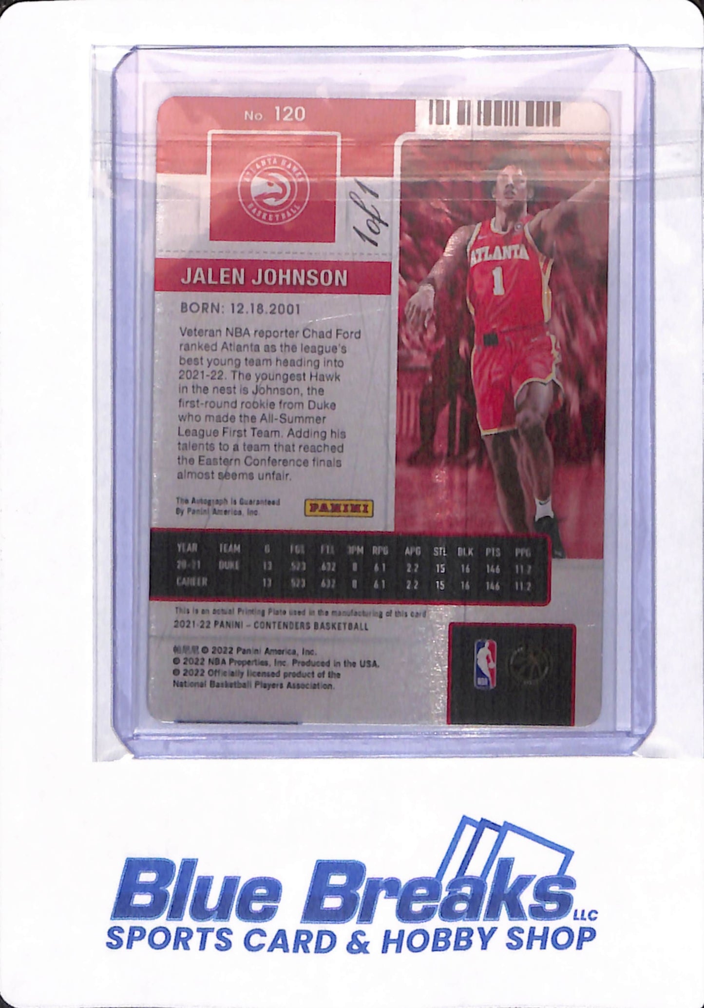 2022 Panini Contenders - Jalen Johnson - # 120 - Atlanta Hawks - Printing Plate - Autographed - Basketball - 1/1 - One of One