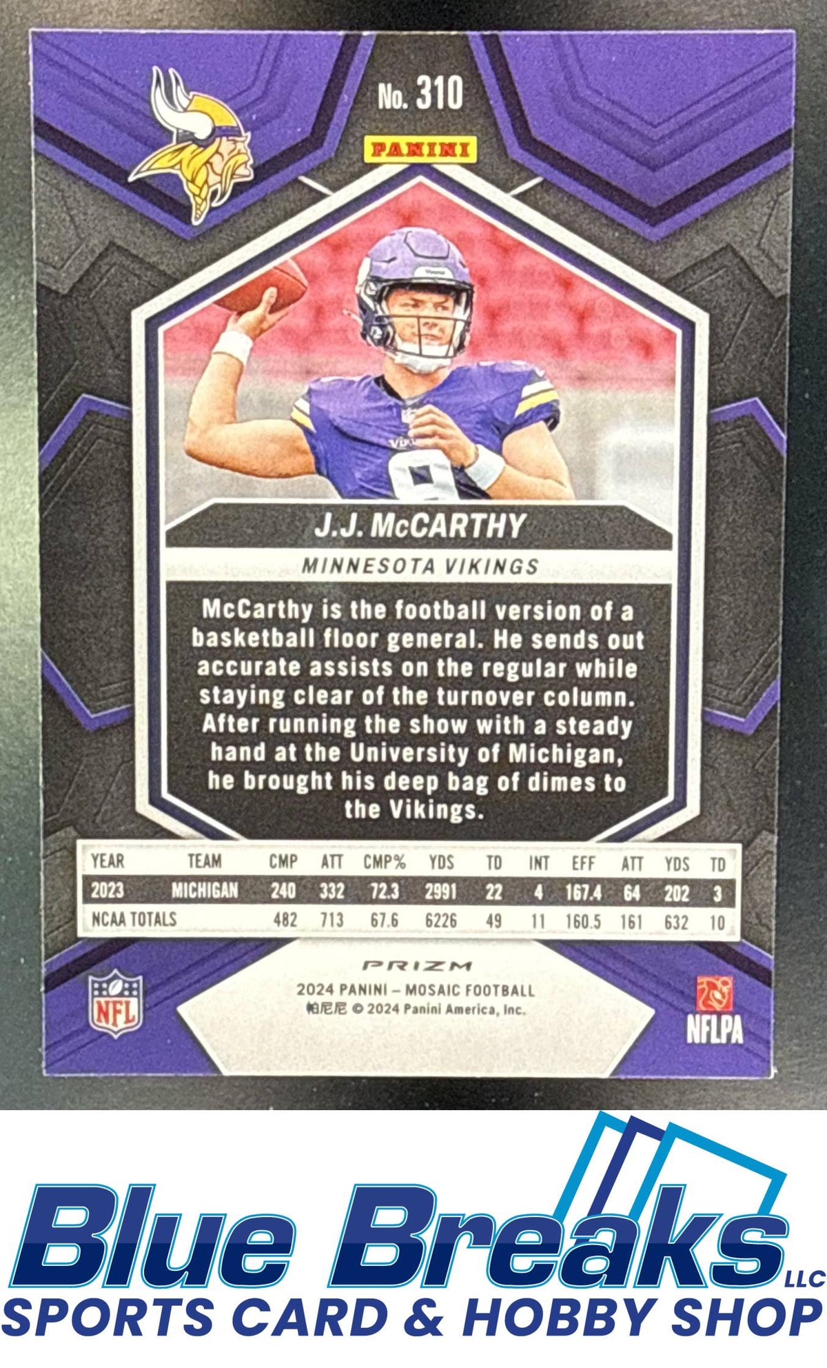 2024 Panini Mosaic J.J. McCarthy #310 Reactive Yellow Prizm RC Minnesota Vikings
