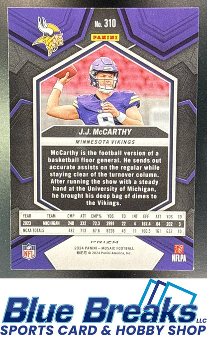 2024 Panini Mosaic J.J. McCarthy #310 Reactive Yellow Prizm RC Minnesota Vikings