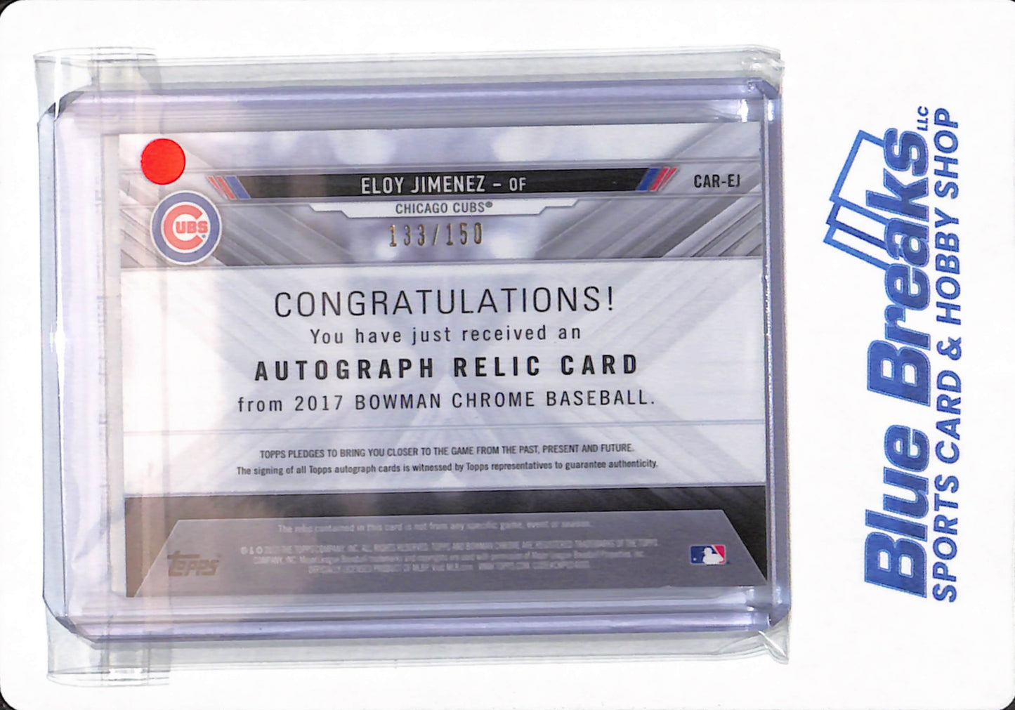 2017 Bowman Chrome Baseball - Eloy Jimenez - # CAR-EJ - Chicago Cubs - Baseball - Relic - Autographed - 133/150