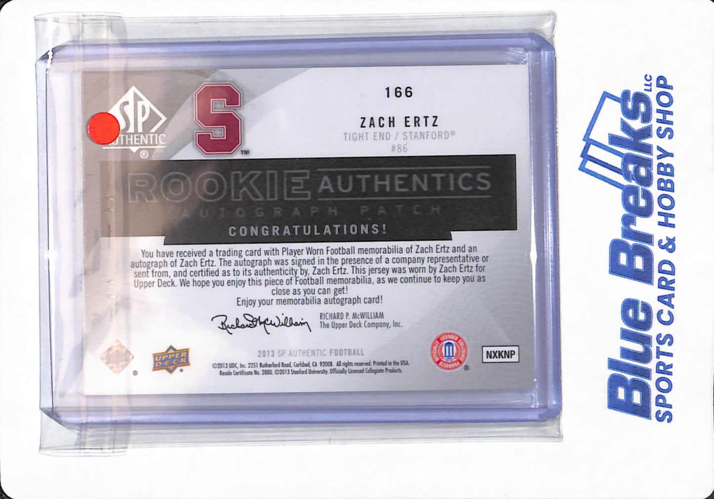 2013 Upper Deck - Zach Ertz - # 166 - Stanford - Football - SP Authentics - Autographed - Relic - 106/650