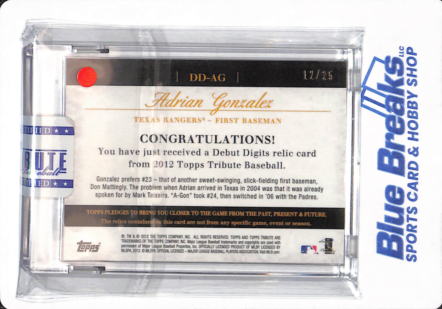 2012 Topps Tribute - Adrian Gonzalez - # DD-AG - Texas Rangers - Baseball - Relic - Debut Digits - 12/25