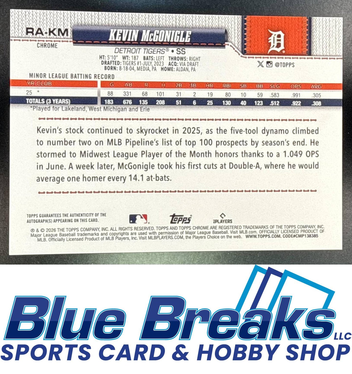 2026 Topps Chrome Kevin McGonigle #RA-KM Rookie Auto Purple Raywave Refractor 3/75 RC Detroit Tigers