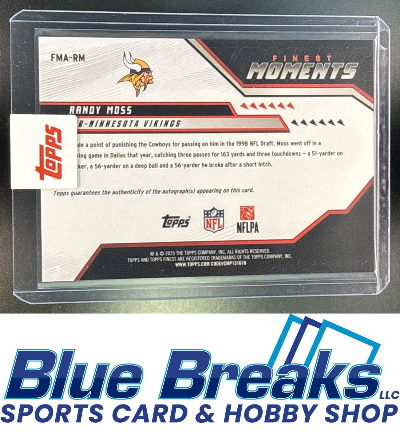 2025 Topps Finest Randy Moss #FMA-RM Moments Auto Gold Refractor 13/50 Minnesota Vikings