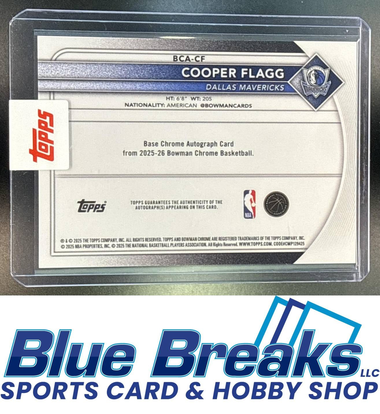 2025 Bowman Cooper Flagg #BCA-CF Chrome Auto Orange Refractor 21/25 RC Dallas Mavericks