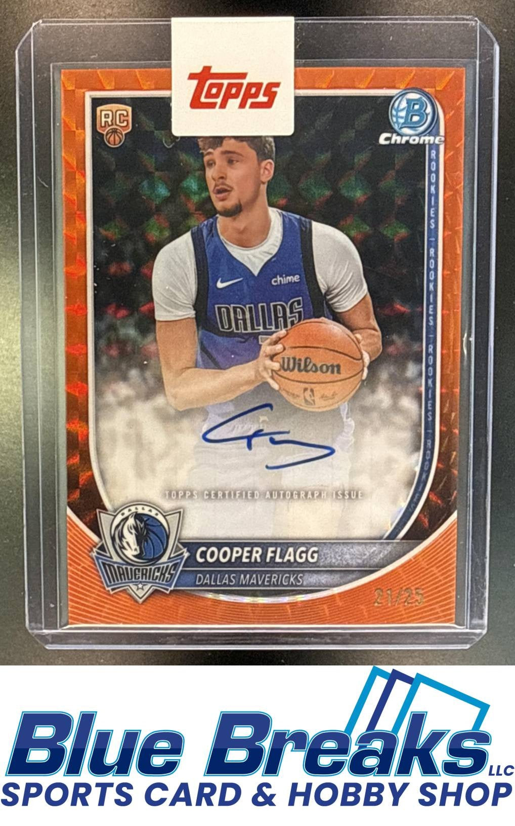 2025 Bowman Cooper Flagg #BCA-CF Chrome Auto Orange Refractor 21/25 RC Dallas Mavericks