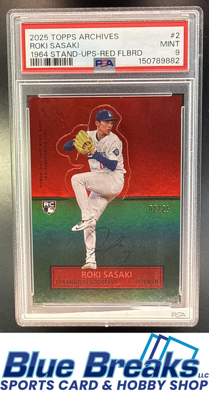 2025 Topps Archives Roki Sasaki #64SU-2 1964 Topp Stand Ups Red Foilboard 02/25 RC PSA 9 Los Angeles Dodgers