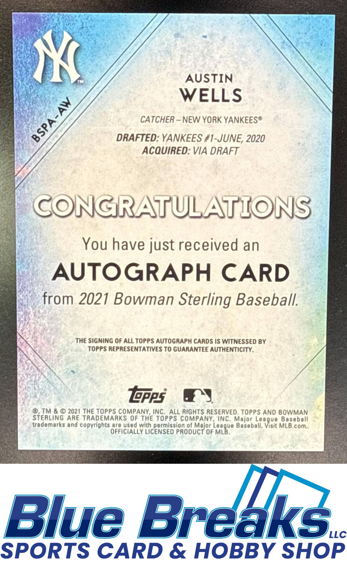 2021 Bowman Sterling Prospect Auto Austin Wells [RC] #BSPA-AW New York Yankees
