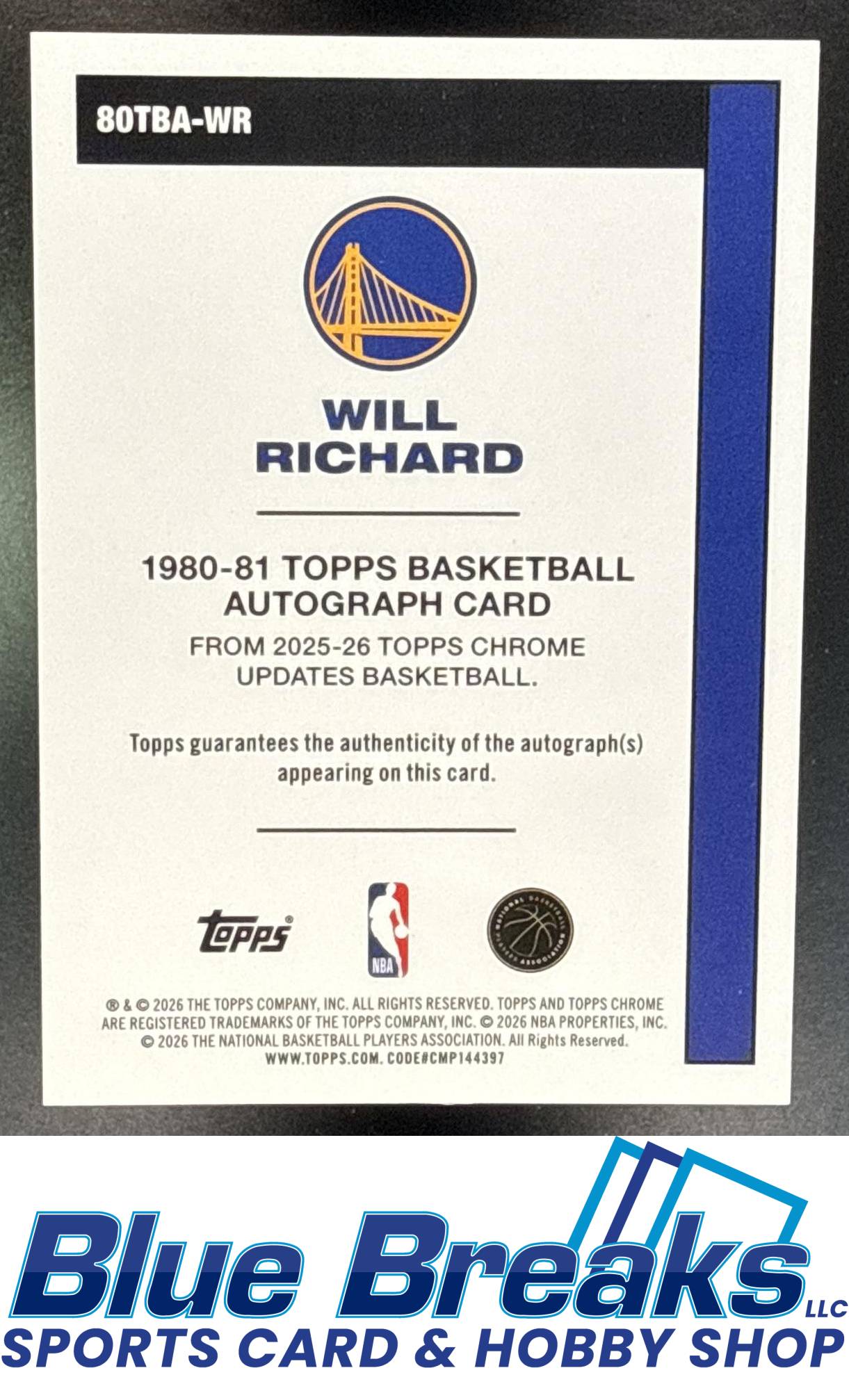 2025 Topps Chrome Update Will Richard #80TBA-WR 1980-81 Auto Purple Refractor 01/75 RC SSP Golden State Warriors