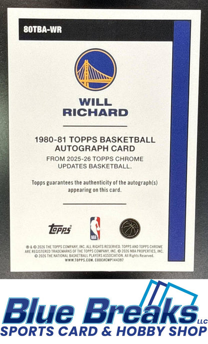 2025 Topps Chrome Update Will Richard #80TBA-WR 1980-81 Auto Purple Refractor 01/75 RC SSP Golden State Warriors