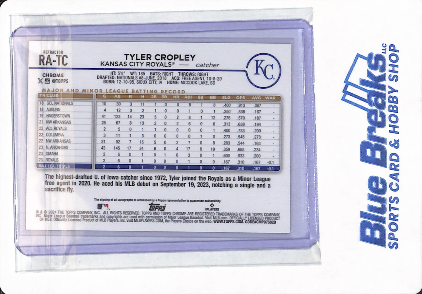 2024 Topps Chrome - Tyler Cropley - # RA-TC - Kansas City Royals - Baseball - Autographed - 228/499