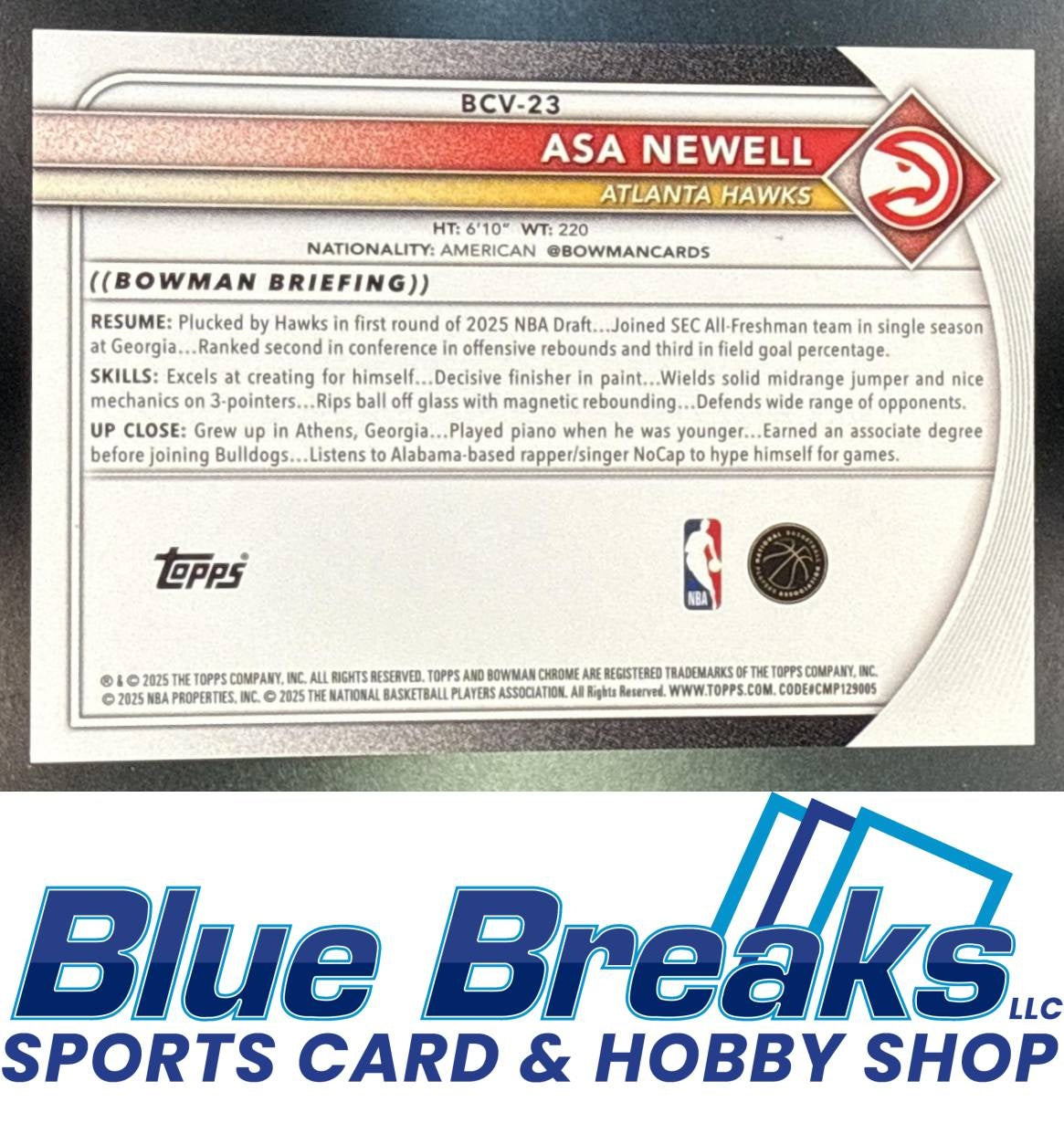 2025-26 Bowman Chrome Black Refractor Asa Newell RC 8/10 #BCV-23 Atlanta Hawks