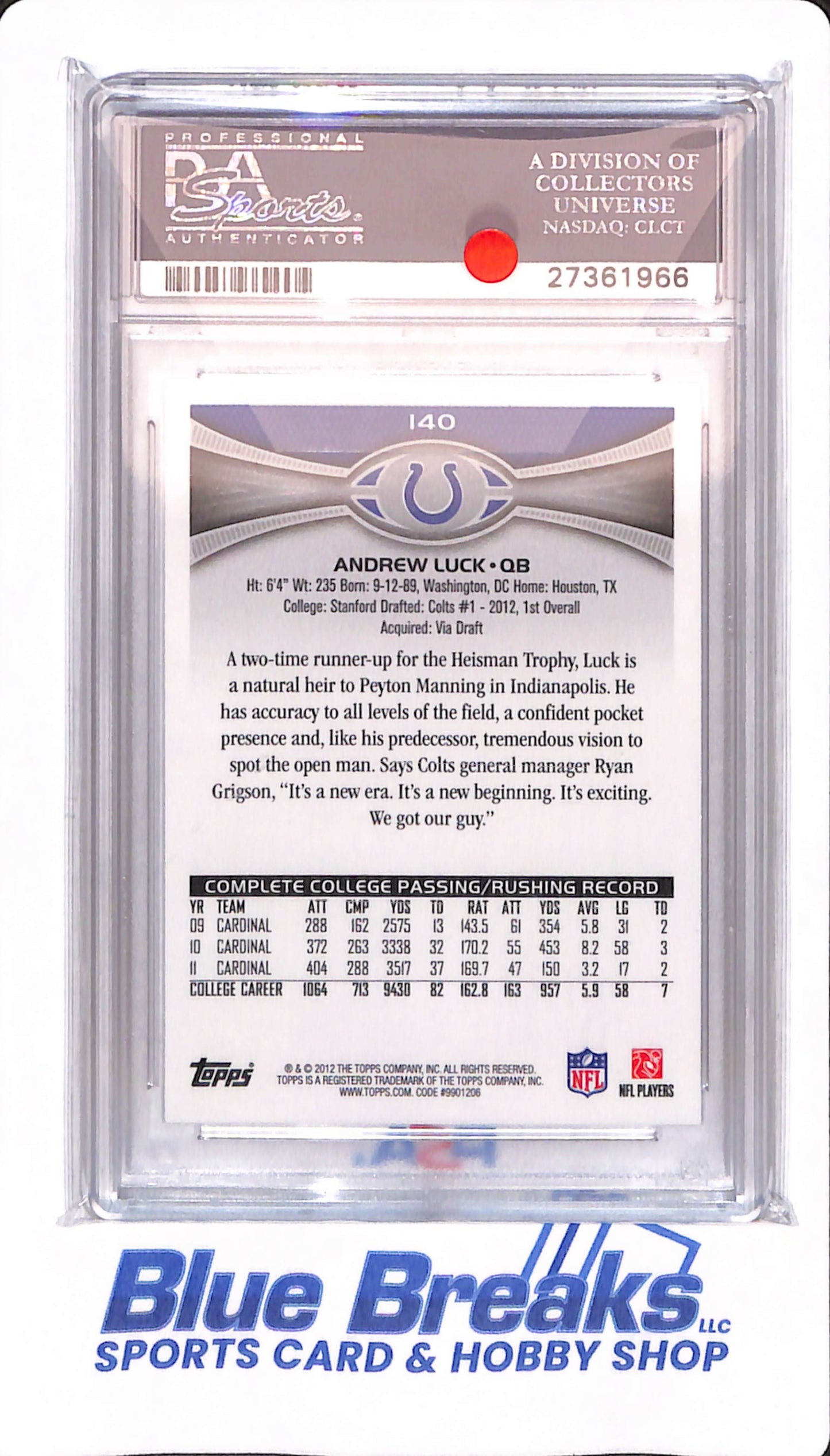 2012 Topps - Andrew Luck - # 140 - Indianapolis Colts - Football - PSA 10 - Twisting Passing Pose