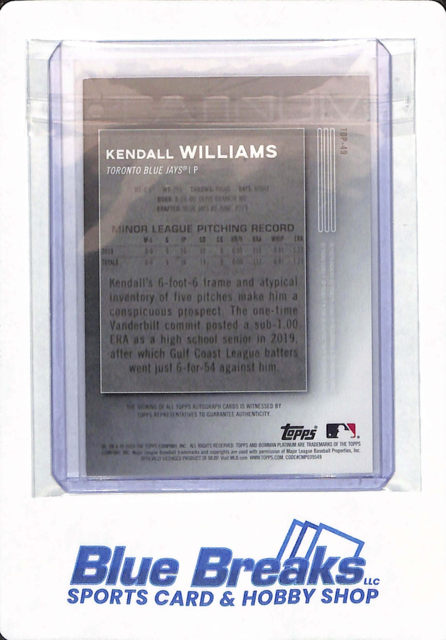 2020 Bowman Platinum - Kendall Williams - # TOP-49 - Toronto Blue Jays - Baseball - Autographed - 065/199