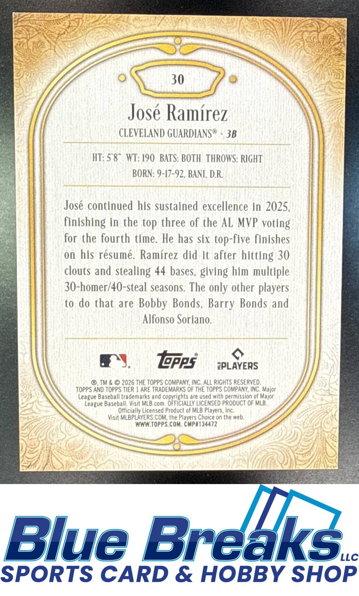 2026 Topps Tier One Jose Ramirez 29/125 #30 Cleveland Guardians