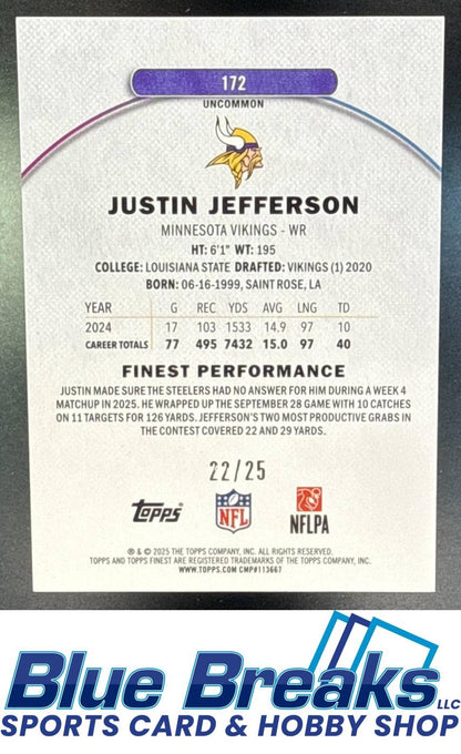 2025 Topps Finest Justin Jefferson #172 Uncommon Gold Refractor 22/25 Minnesota Vikings