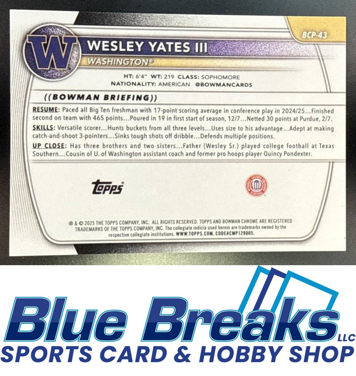 2025 Bowman Wesley Yates III #BCP-43 Chrome Black Geometric Refractor 4/10 1st Prospect Washington Huskies