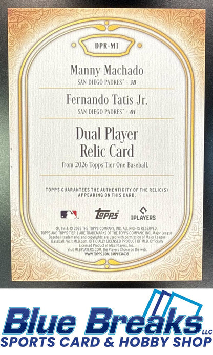 2026 Topps Tier One Fernando Tatis Jr. Manny Machado #DPR-MT Dual Player Relic 100/199 San Diego Padres