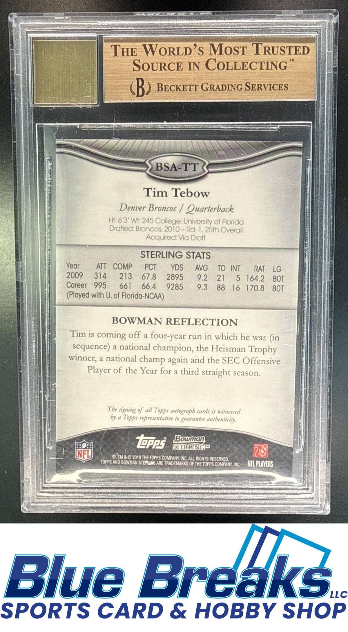 2010 Bowman Sterling Tim Tebow [RC] #BSA-TT Auto RC BGS 9.5 Denver Broncos